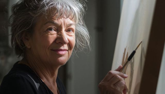 Elderly female artist painting canvas in soft studio light closeup portrait