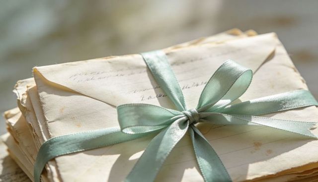 Vintage handwritten letters tied with seafoam satin ribbon on sunlit wood