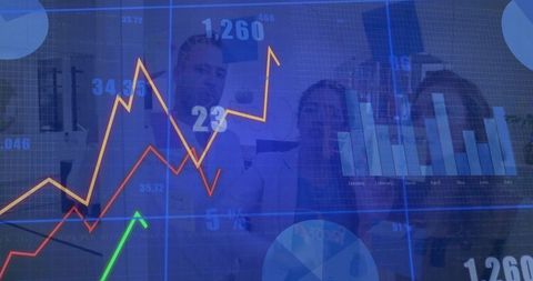 Business team analyzing financial dashboard with colorful line, bar and pie charts