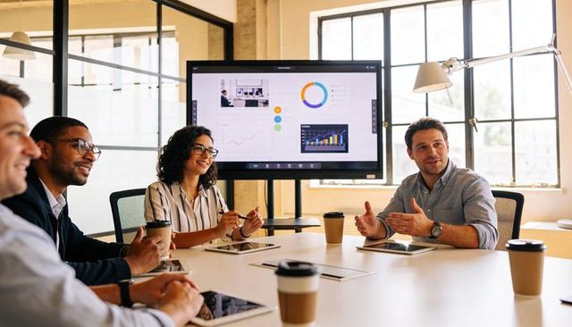 Business team presenting data, collaborating in modern conference room with digital display