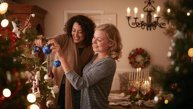 Friends decorating christmas tree and menorah for cozy inclusive holiday celebration