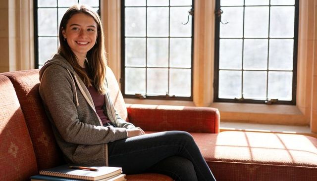 Smiling college student sitting on sofa in sunlit campus lounge by leaded-glass windows