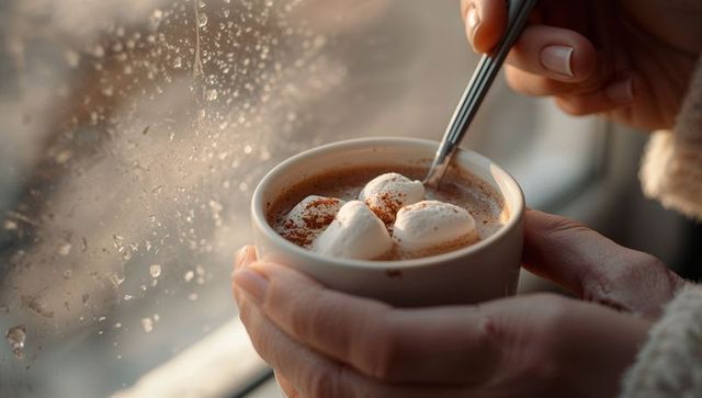 Cozy Mug of Hot Chocolate with Marshmallows by Frosted Window