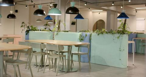 Minimalist cafe interior featuring round wood table, mint planter divider, pendant lights