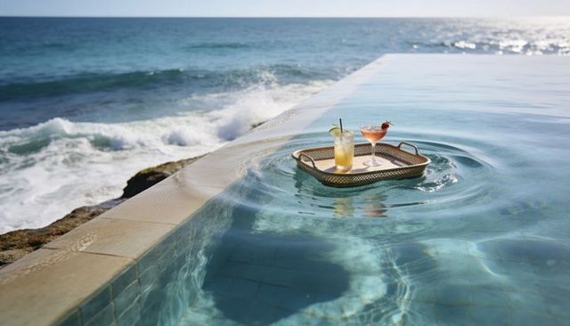 Floating cocktail tray on infinity pool with ocean horizon and sunlit waves