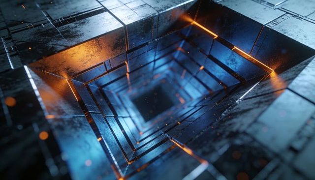 Descending concentric metal-square tunnel drawing eye inward with cyan and amber highlights