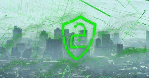 Futuristic Cybersecurity Concept Over Urban Skyline With Green Digital Shield
