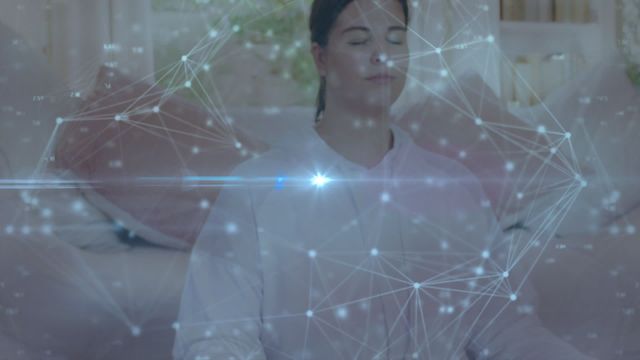 A woman meditates with a digital network overlay, suggesting integration of technology and mindfulness. Ideal for themes involving mental wellness, futuristic lifestyle, connectivity, and tech-enhanced well-being.