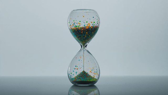 Multicolored beads cascading in glass hourglass on reflective surface