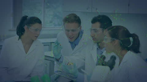 International Team of Scientists Collaborating in Laboratory with Data Overlay