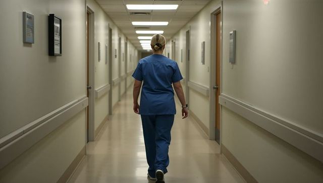 Nurse walking down hospital corridor in blue scrubs with wristwatch, clinical hallway