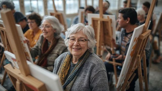 Smiling Senior Woman Enjoying Painting in Art Class Studio