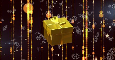bright golden present surrounded by shimmering light trails and delicate snowflake patterns ideal for christmas themes and holiday decorations backdrop, perfect for gift-related adverts or festive digital projects.