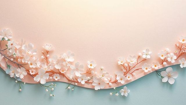 Paper cherry blossom garland draping over scalloped pastel peach and teal backdrop