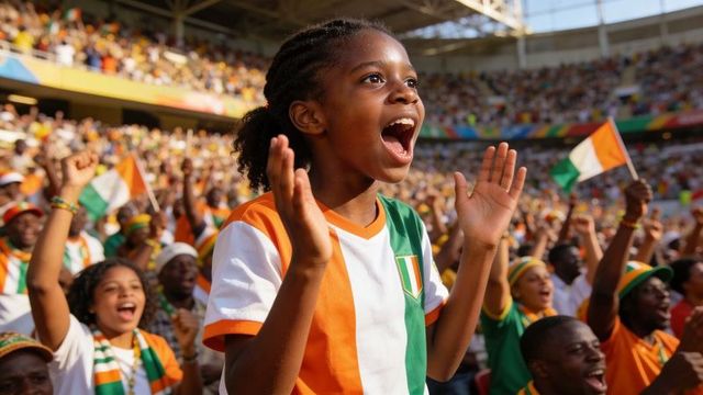 Young fan cheering joyfully in orange white green jersey at packed stadium