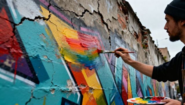 Male street artist painting vibrant mural on cracked urban brick wall with palette
