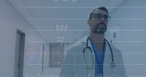 Doctor Walking Hospital Corridor Wearing Lab Coat and Stethoscope with Analytics Overlay