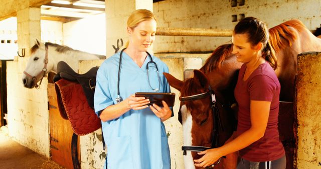 Shows veterinarian and horse owner consulting in stable, ideal for promoting animal healthcare services, veterinary medicine, or equestrian centers.