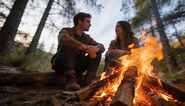 Couple sitting by campfire in pine forest at dusk sharing conversation and warmth