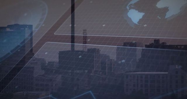 Futuristic City Skyline with Tech Overlay and Global Data Elements
