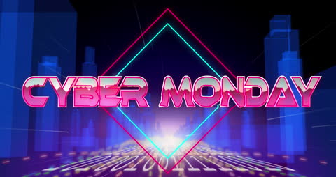 Cyber Monday Neon Text Over Digital Tunnel Animation