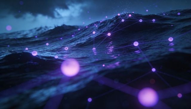 Glowing neural network across dark ocean waves at night with neon nodes and connecting lines