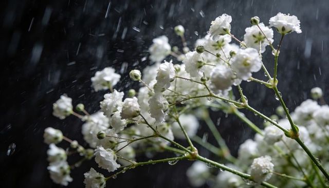 Gypsophila blooms glistening in rain with water droplets on delicate green stems
