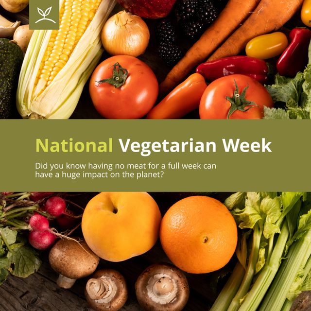 National Vegetarian Week Banner with Colorful Fruit and Vegetable Selection - Download Free Stock Templates Pikwizard.com