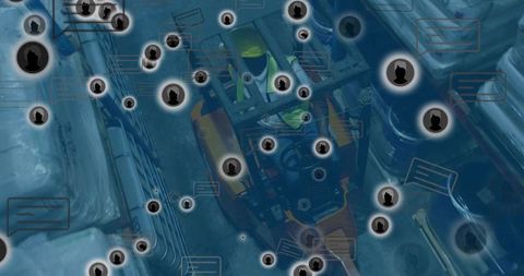 Forklift operator navigating warehouse aisle with digital network overlay and safety icons