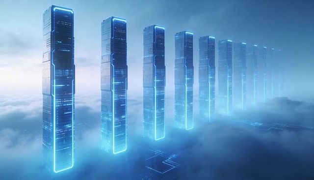 Soaring neon-blue data towers rising through cloudscape, futuristic skyline digital concept