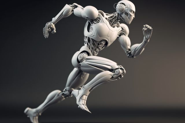 Human robot with white robot parts running, created using generative ai technology. Cyber, android, futuristic and human robot concept.