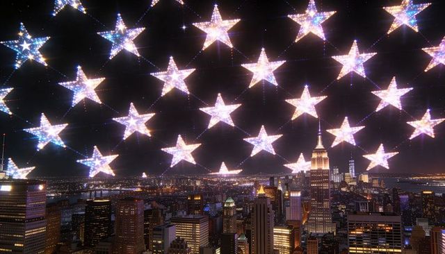 Glowing star canopy hovering over urban skyline at night with illuminated spire and river backdrop
