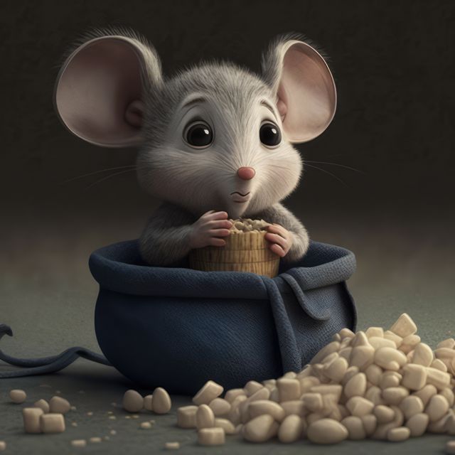 Close up of cute grey mouse holding bag on grey background, created using generative ai technology. Mouse and animal concept digitally generated image.