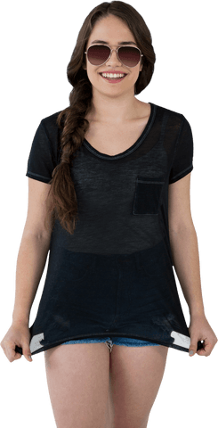 Confident Woman in Transparent Top with Sunglasses and Denim Shorts