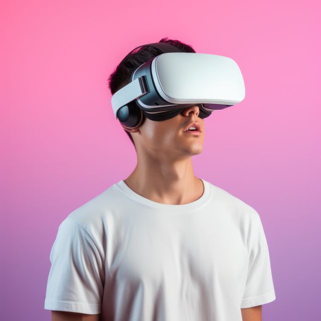 Youth immersed in virtual reality with headset on pink to purple gradient background. Ideal for illustrating futuristic technology, gaming innovations, and digital entertainment experiences.