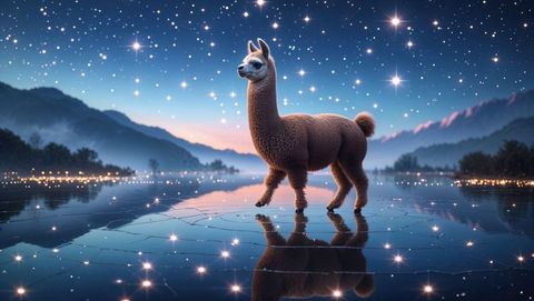 Brown llama standing on cracked alpine lake under starry twilight
