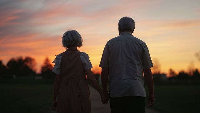 Senior couple walking hand in hand at sunset on park path