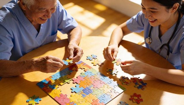 Senior and caregiver assembling colorful jigsaw puzzle on sunlit table, sharing connection