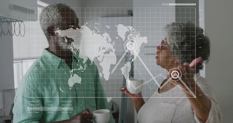 Senior african american couple holding coffee and interacting with digital world map overlay