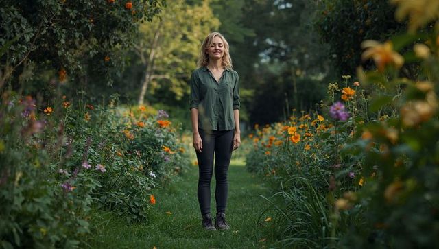 Woman standing on flower-lined path with orange and purple blooms, serene outdoor portrait