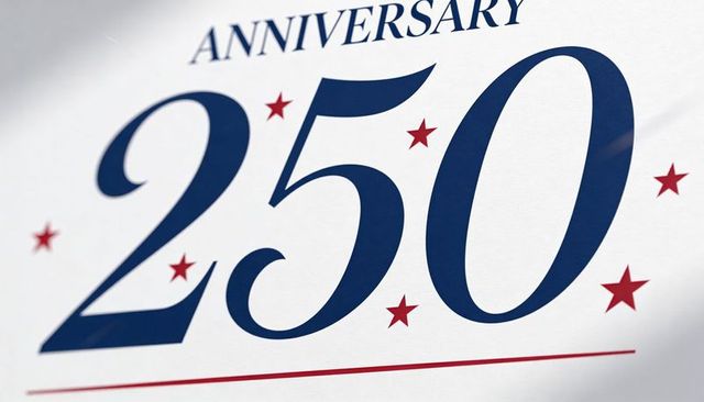 Celebrating 250th anniversary with elegant navy numerals and red stars on textured paper