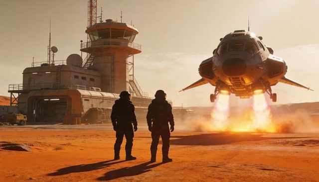 Standing crew watching spacecraft landing at desert outpost with control tower at sunset