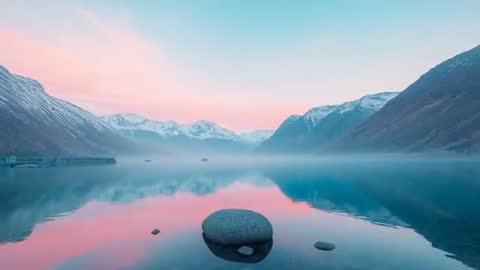 Misty Alpine Lake at Dawn with Serene Reflection