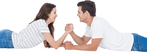 Transparent Couples Arm Wrestling Competition and Playful Interaction