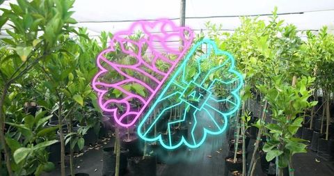Neon brain overlay hovering over nursery aisle with potted saplings representing ai growth