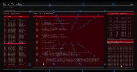 Red Hacking Terminal Interface Showing Login Credentials, Console Code, Hex Dump and Encryption