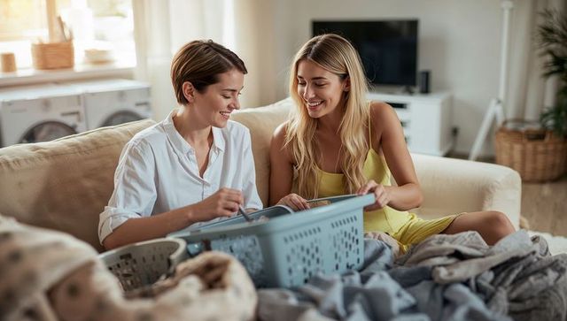 Two women enjoy casual home chores together