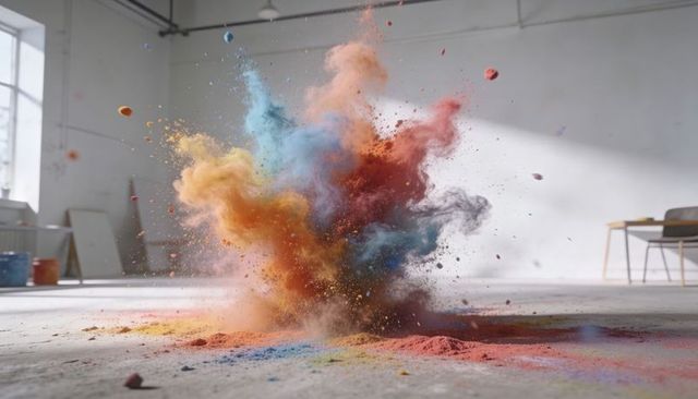 Erupting Color Powder Cloud Billowing Across Sunlit Concrete Studio Floor