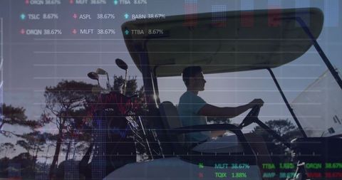 Golf Cart Drive on Fairway with Stock Market Data Overlay