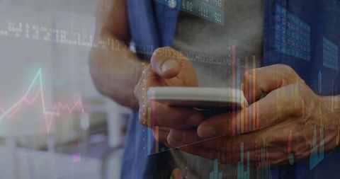 Medical Professional Holding Smartphone Tapping Health Data Analytics Overlay in Scrubs